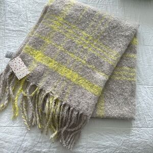 Free People Coming Home Blanket Scarf Wrap Plaid Stripe Beige Sand Combo NWT